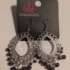 paparazzi Silver Teardrop Chandelier Earrings with Purple Beads